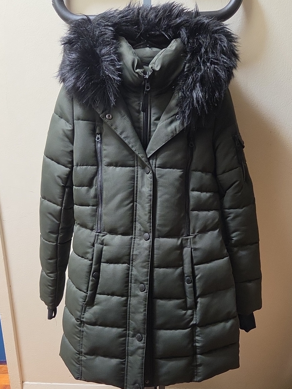 Nautica Olive Green Quilted Puffer Coat with Black Faux Fur Hood